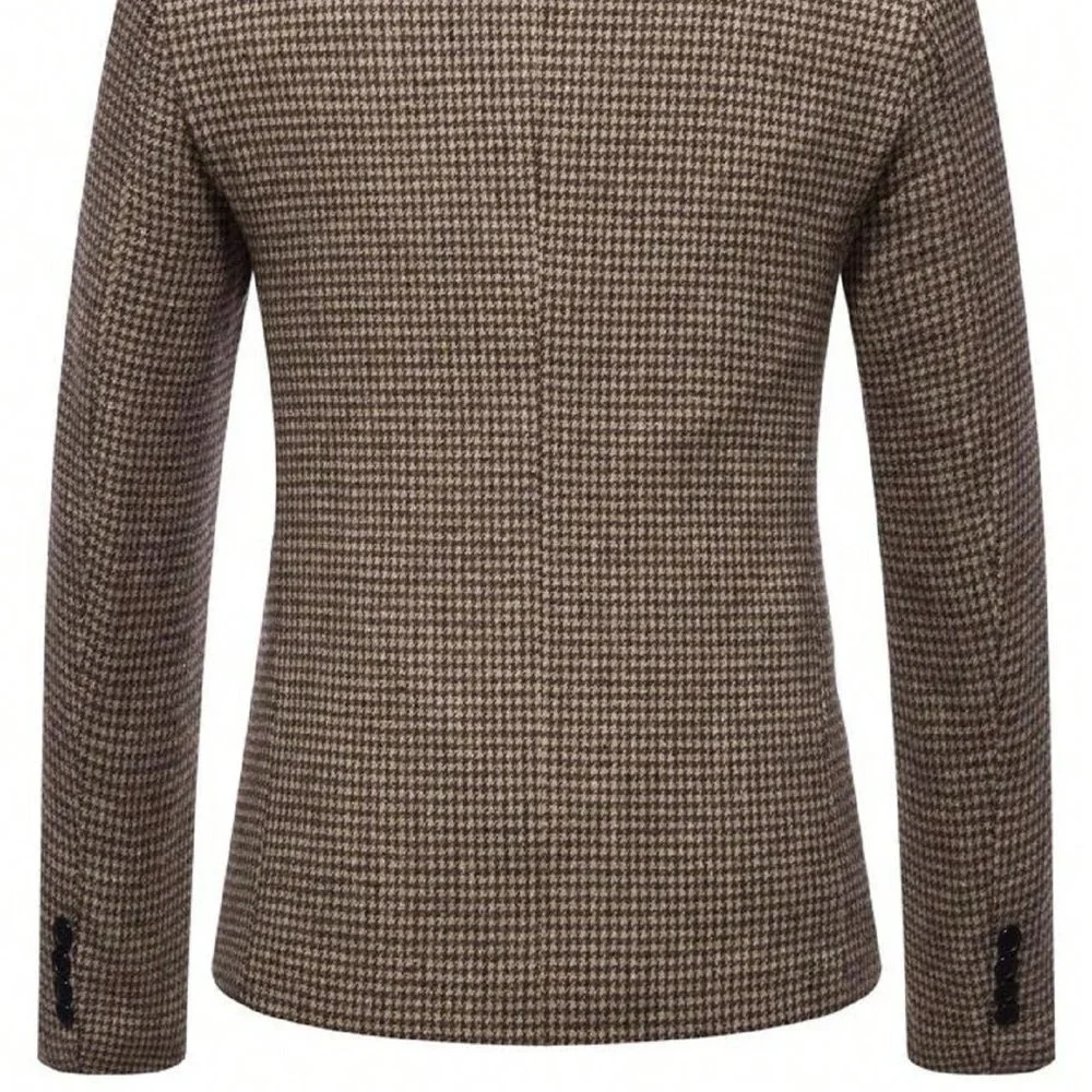 Brown Casual Mens Houndstooth Single Button Tweed Blazer - Picture 2 of 3